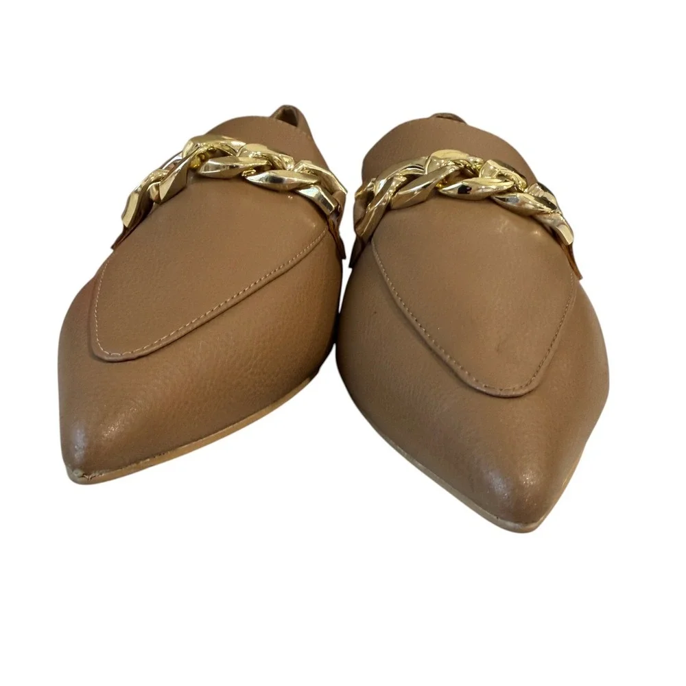 Paolo Tan Chain Loafers Pointed Toe‎ Minimalist Neutral Chic Womens Flats 6.5M